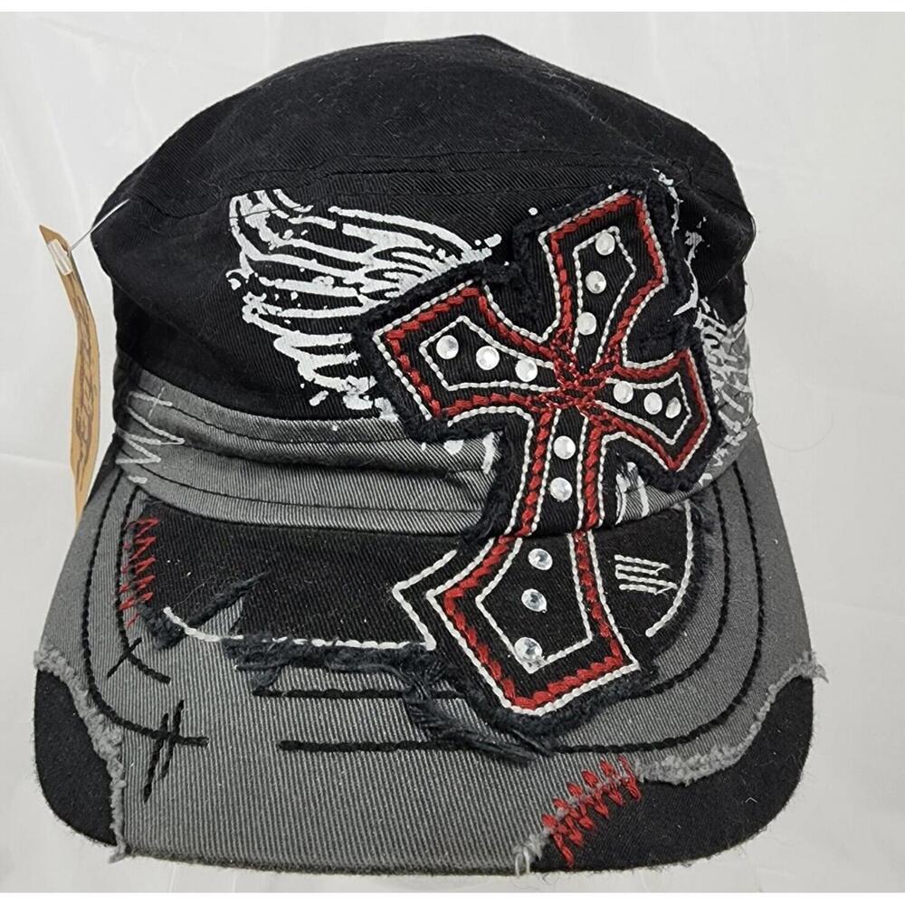 Distressed Baseball Hat Cap Black Red Cross Rhinestone Wings Leader Original NEW